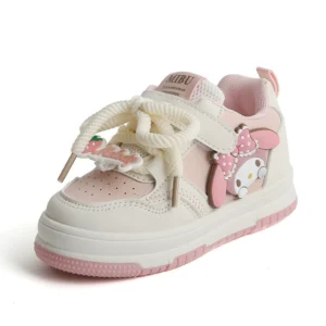 Adorable pink and purple baby sneakers with cartoon character design, soft sole, and stylish laces for little girls.