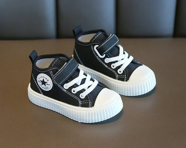 Black high-top canvas sneakers for kids, perfect for Eid celebrations with stylish lace-up design and soft sole for comfort.