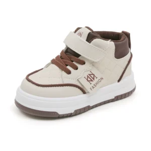 A pair of stylish kids' high-top sneakers in soft pink and brown, featuring velcro straps and lace-up design for a secure and fashionable look. এক জোড়া স্টাইলিশ শিশুদের হাই-টপ স্নিকার্স, সফট পিংক ও ব্রাউন কালারের, ভেলক্রো স্ট্র্যাপ ও লেস-আপ ডিজাইনের সাথে।