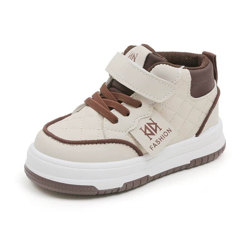 A pair of stylish kids' high-top sneakers in soft pink and brown, featuring velcro straps and lace-up design for a secure and fashionable look. এক জোড়া স্টাইলিশ শিশুদের হাই-টপ স্নিকার্স, সফট পিংক ও ব্রাউন কালারের, ভেলক্রো স্ট্র্যাপ ও লেস-আপ ডিজাইনের সাথে।