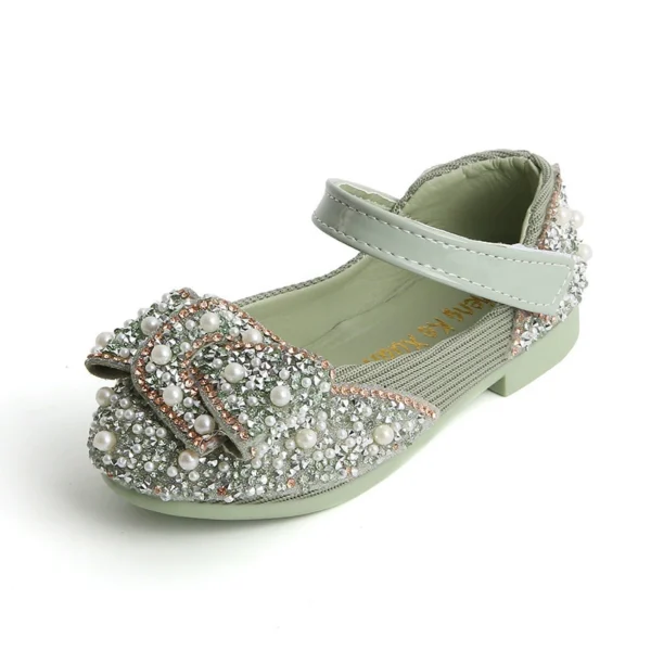 Elegant pearl-embellished girls' dress shoes with a stylish bow and glittering rhinestones, perfect for special occasions Eid special collection