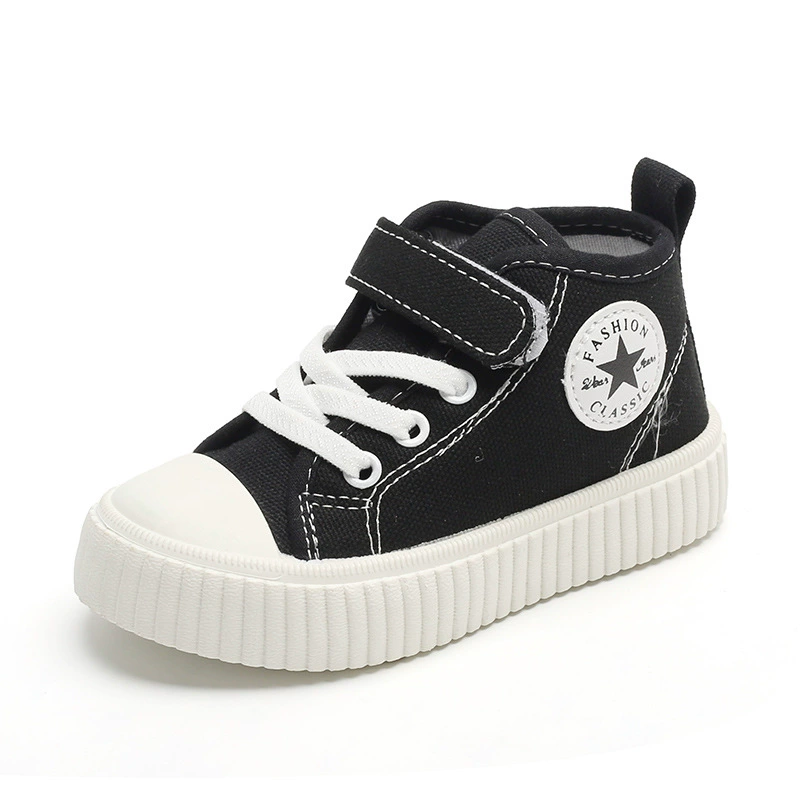 Black high-top canvas sneakers for kids, perfect for Eid celebrations with stylish lace-up design and soft sole for comfort.