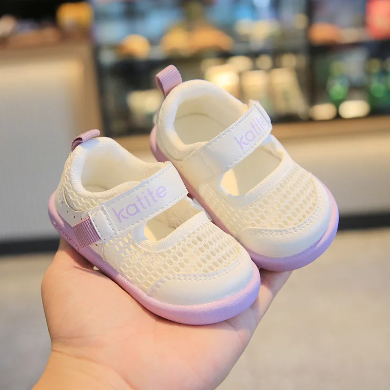 Stylish white and purple breathable baby shoes with Velcro strap by Katite