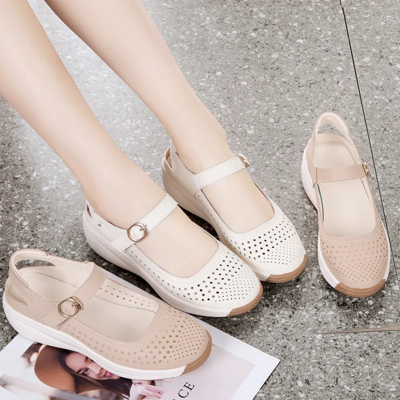 Comfortable Women's Breathable Wedge Mary Jane Shoes in Beige and Cream Colors