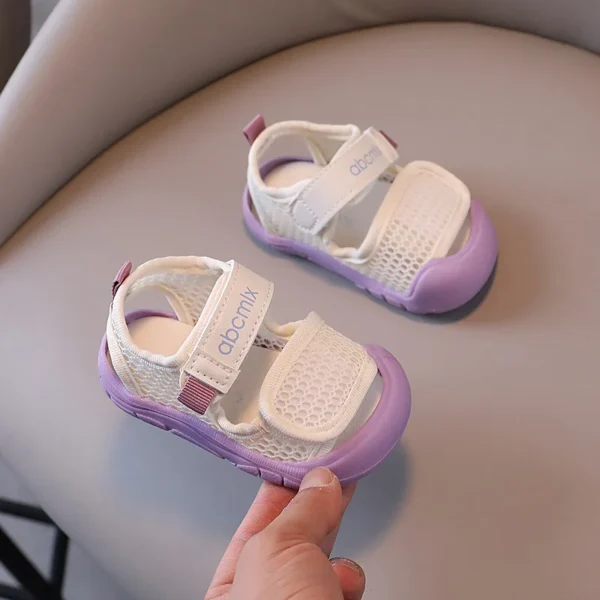 White and blue breathable toddler sandals with Velcro strap by abcmix