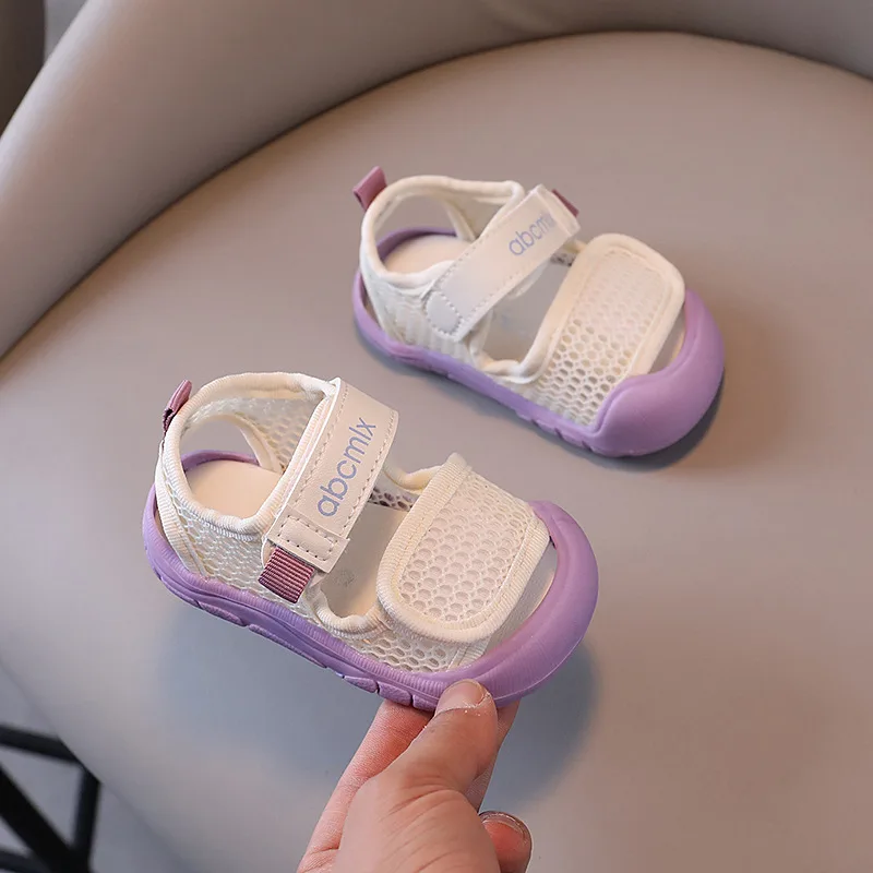 White and blue breathable toddler sandals with Velcro strap by abcmix