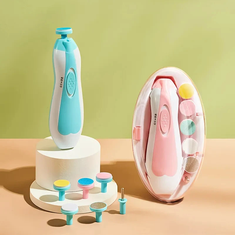 Electric Baby Nail Trimmer with Multiple Soft Filing Heads in Blue and Pink Colors