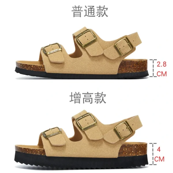 Side-by-side comparison of Maibulun beige sandals showing standard and height-increased sole options