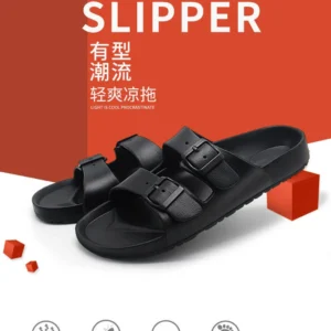 Black, white Army Green double-strap slip-on sandal with adjustable buckles and textured rubber sole