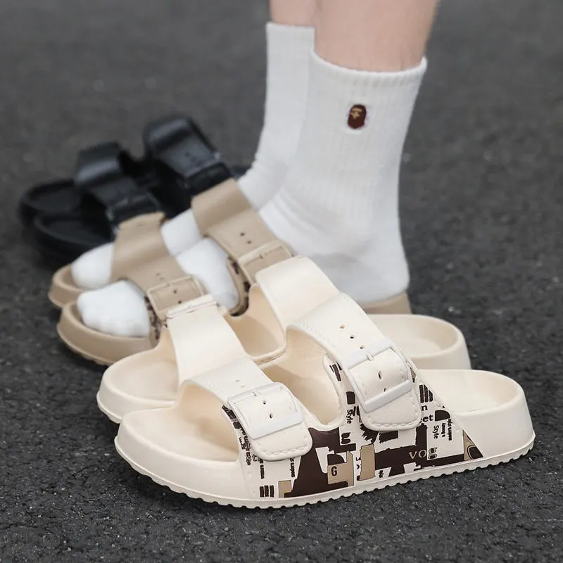 Unisex double strap EVA sandals with adjustable buckles in beige, black, and patterned styles worn with white socks on asphalt ground