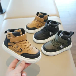 Stylish Kids High-Top Sneakers in Brown, Black, and Army Green with Velcro Strap
