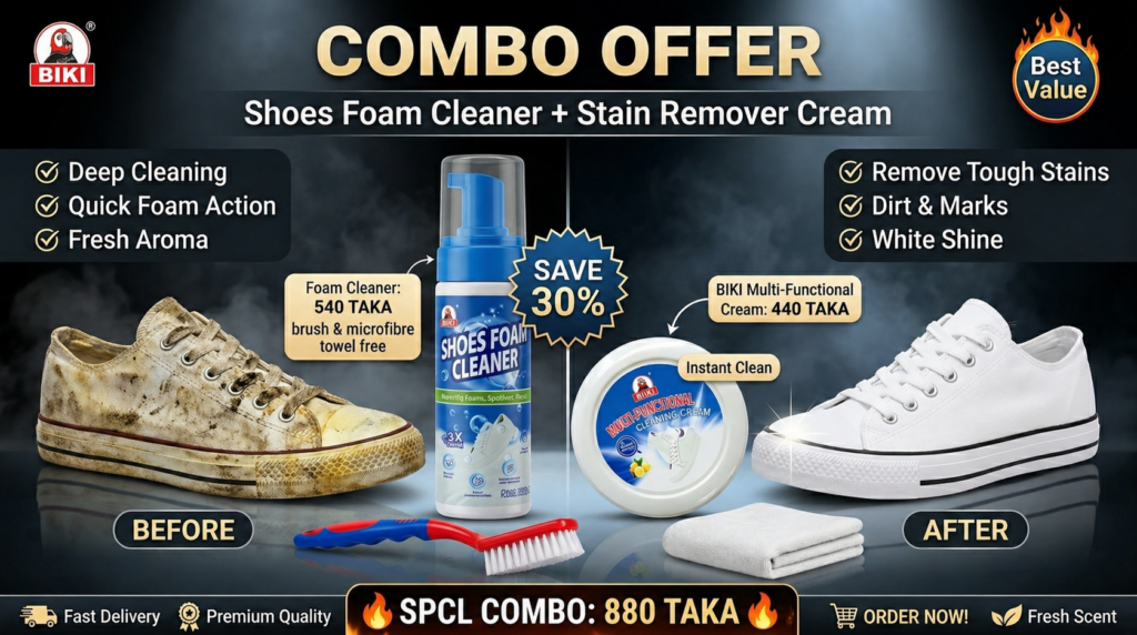 Before and after comparison of dirty and clean white sneakers using shoe foam cleaner and stain remover cream combo with brush and microfiber towel