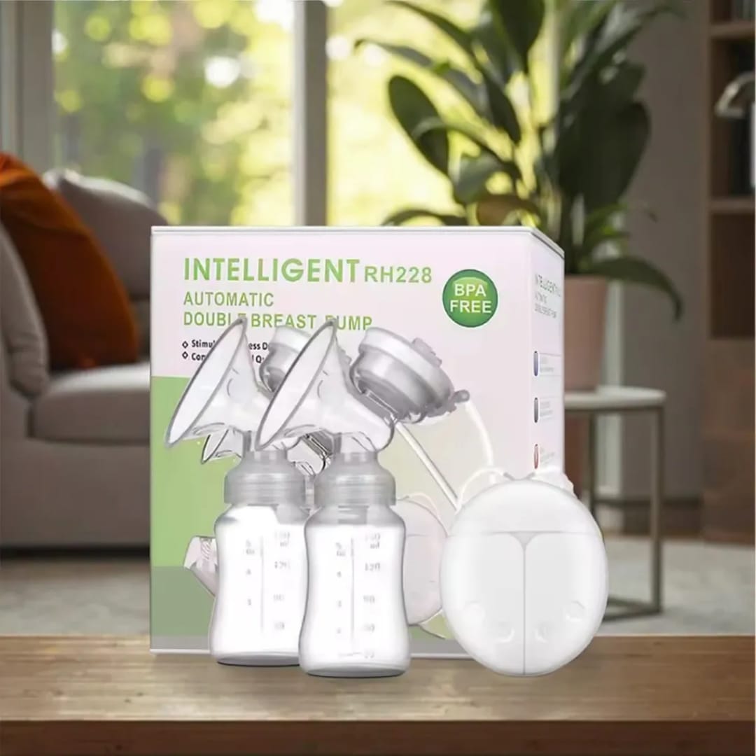 Intelligent RH228 automatic double electric breast pump with BPA-free milk bottles, soft silicone breast shields, portable rechargeable design, and dual pumping system for breastfeeding mothers.