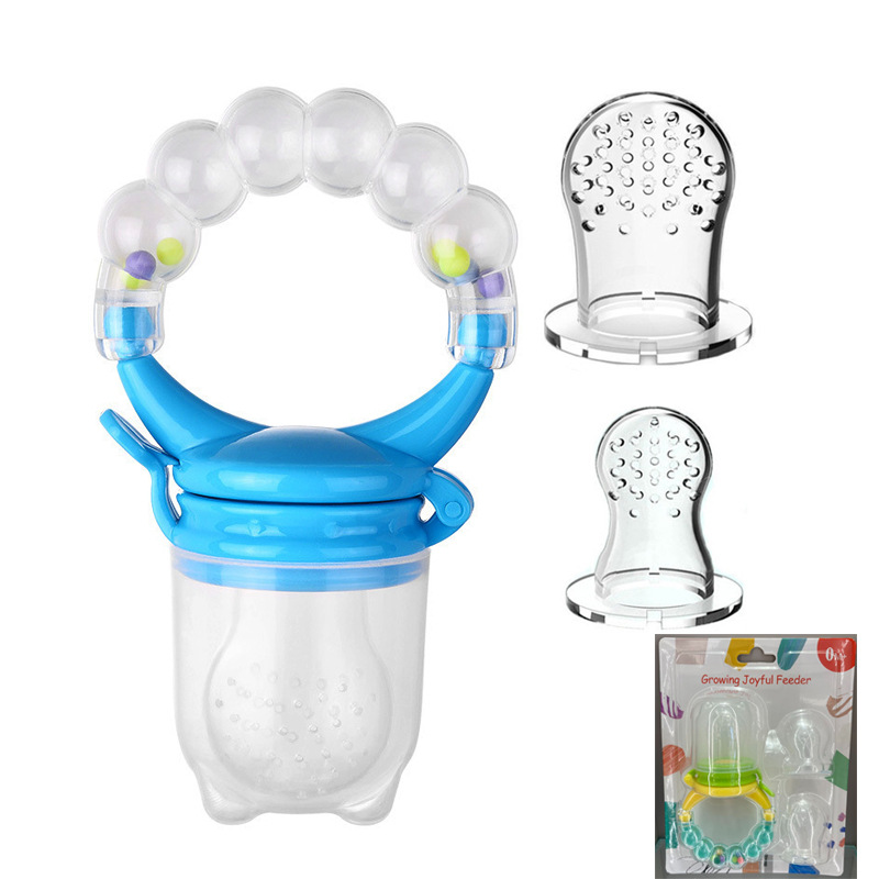 Baby fresh fruit feeder pacifier with silicone nipple and colorful rattle handle for safe fruit feeding, teething relief, and self-feeding practice for babies.
