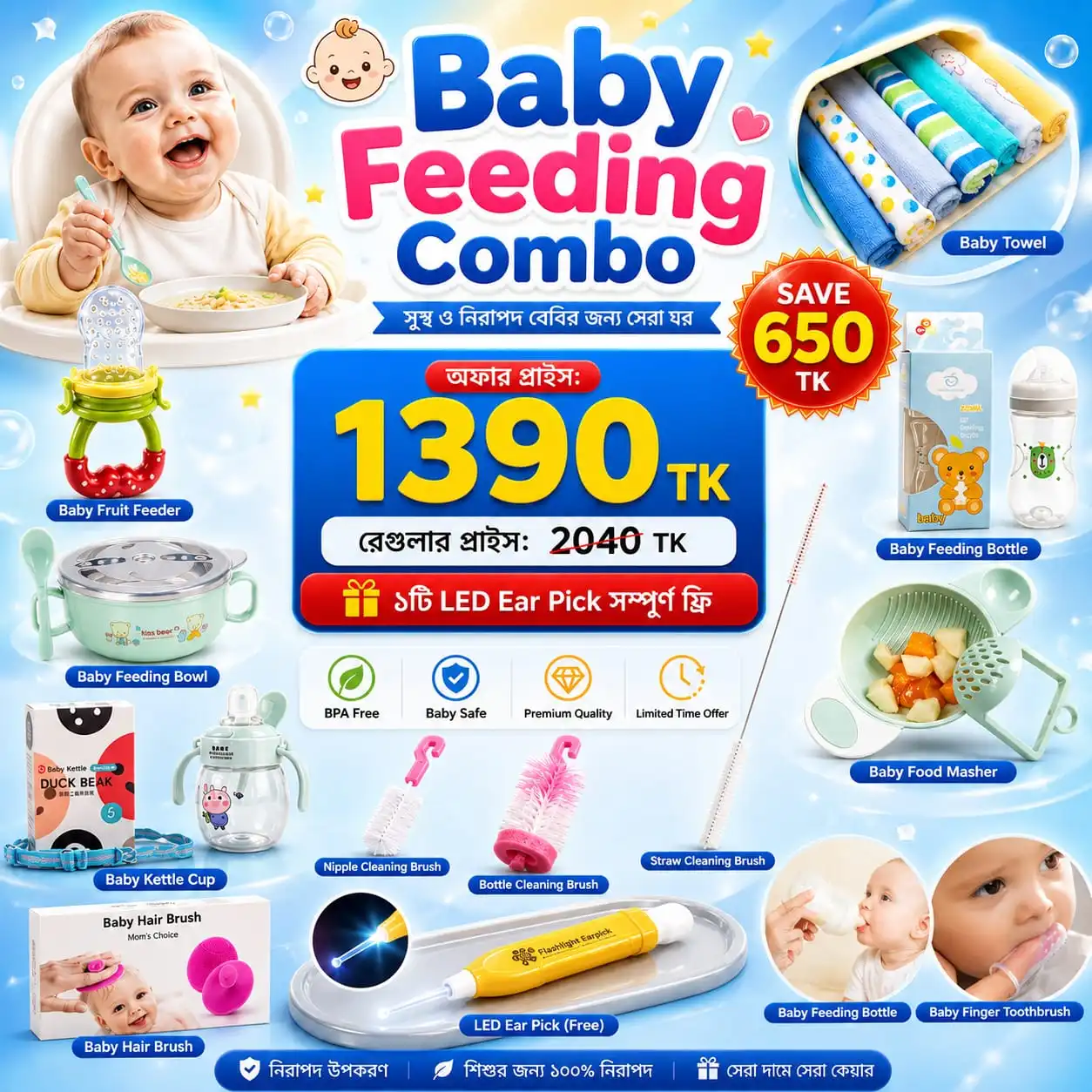 Premium Baby Feeding Combo Set for Babies | BPA Free Baby Feeding Kit with Feeding Bottle, Bowl, Fruit Feeder, Food Masher, Kettle Cup, Baby Towels, Hair Brush & Free LED Ear Pick | Baby Feeding Essentials Bangladesh