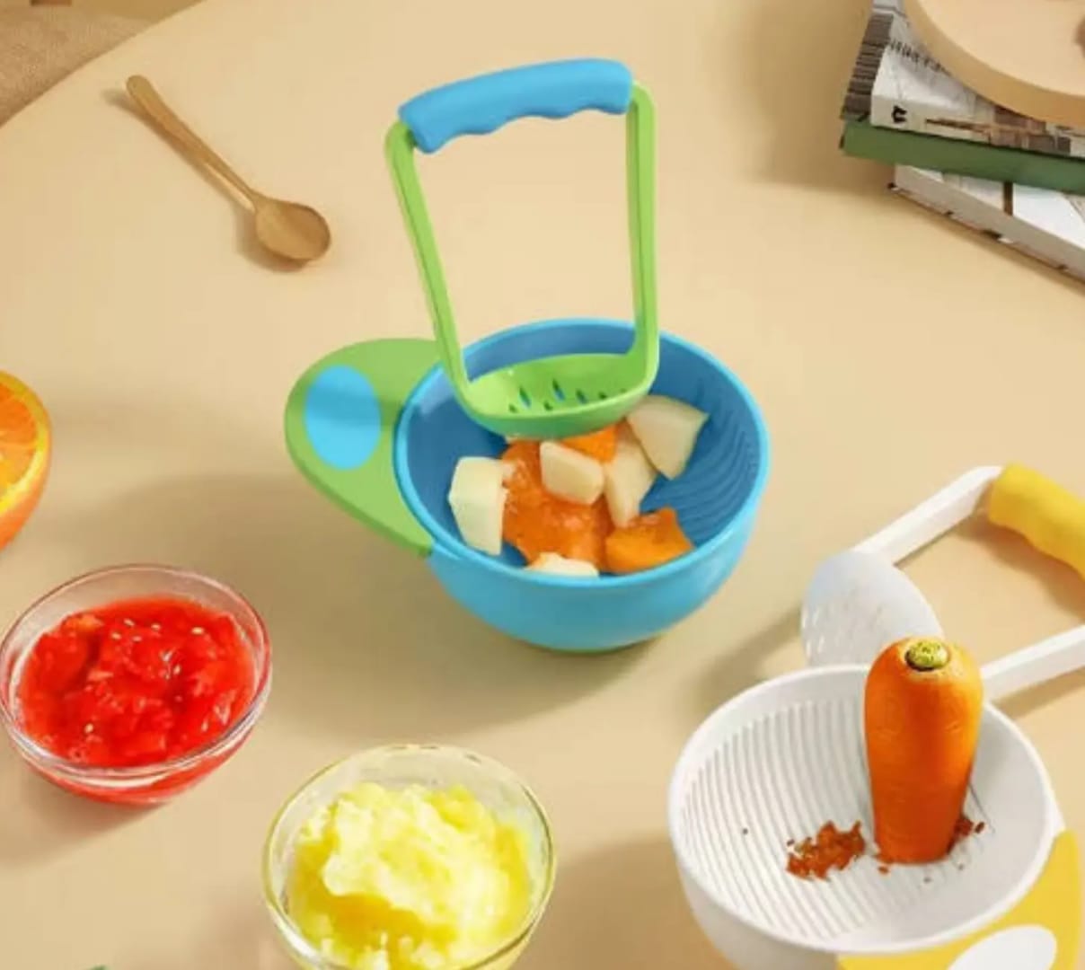 BPA-free baby food masher bowl set with manual grinder for mashing fruits, vegetables, and soft foods for babies, featuring a blue and green ergonomic design.