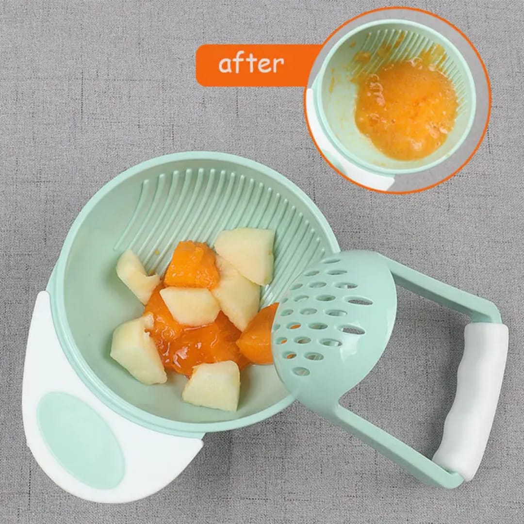 BPA-free baby food masher bowl set with manual grinder for mashing fruits, vegetables, and soft foods for babies, featuring a blue and green ergonomic design.