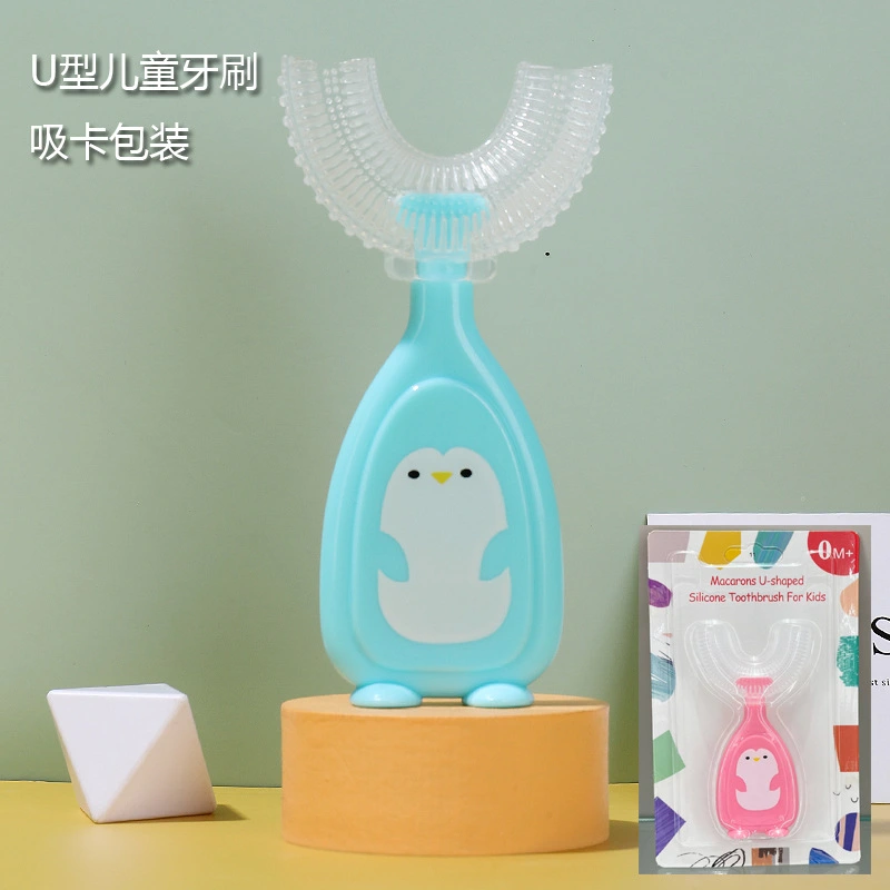 Hercules Bear children's U-shaped 360-degree silicone toothbrush with soft bristles and penguin handle design for babies and toddlers.