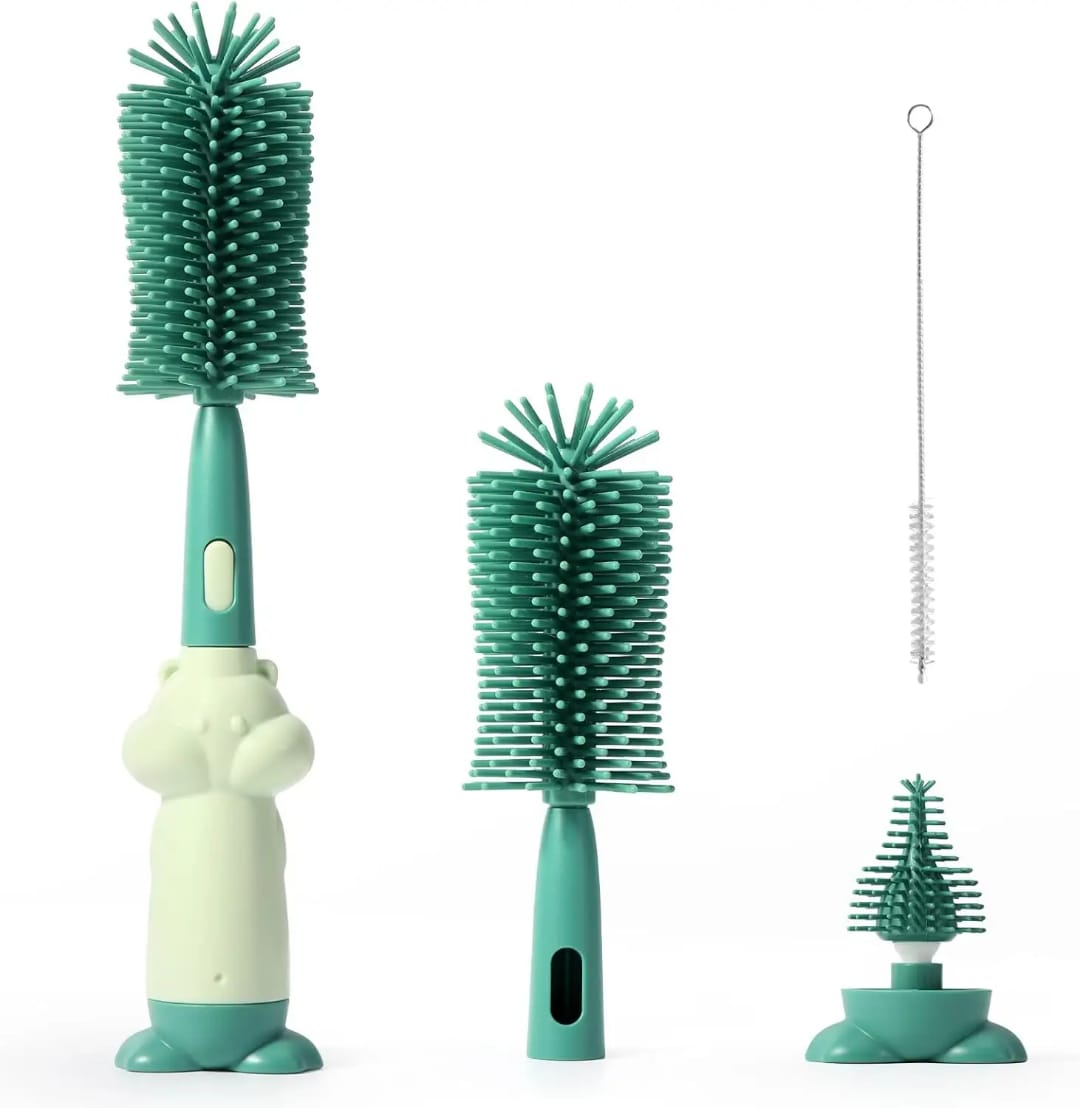 360-degree silicone baby bottle cleaning brush set with soft BPA-free bottle brush, nipple cleaner, and straw cleaning brush for feeding bottles and baby accessories.