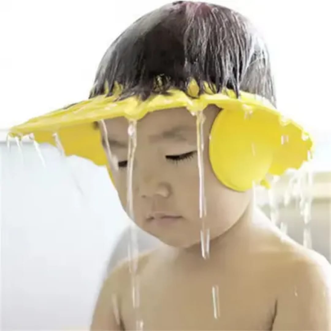 Adjustable waterproof baby shower cap made from soft EVA foam for protecting children's eyes and ears during shampoo, bathing, and haircuts.
