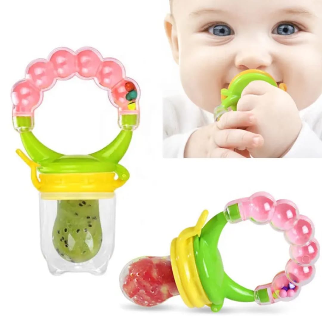 Baby fresh fruit feeder pacifier with silicone nipple and colorful rattle handle for safe fruit feeding, teething relief, and self-feeding practice for babies.