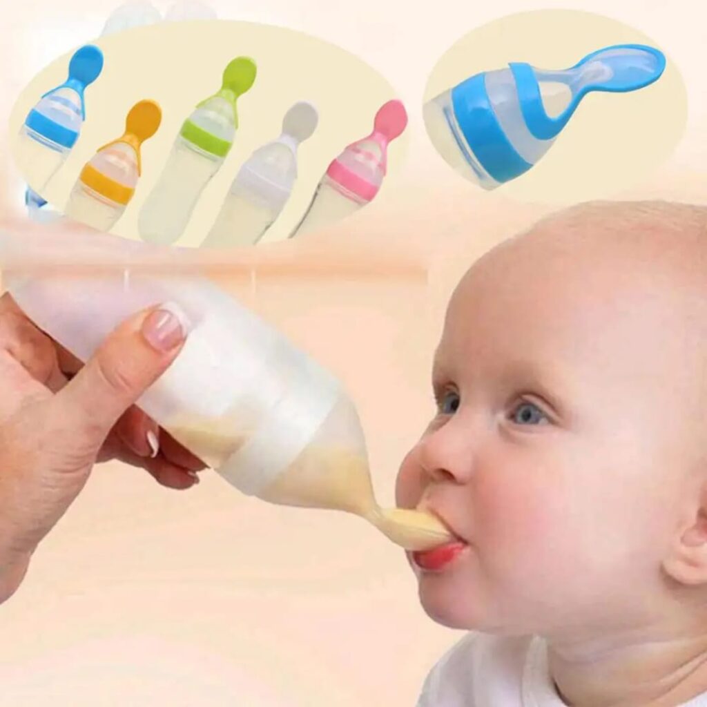 BPA-free baby silicone squeeze feeding spoon bottle for feeding cereal, fruit puree, soup, milk, rice paste, jelly, and medicine to infants safely and easily.