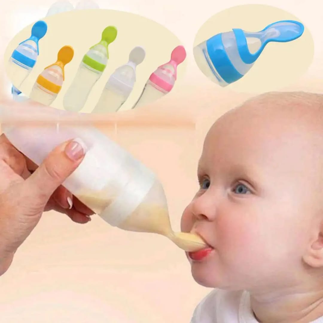 BPA-free baby silicone squeeze feeding spoon bottle for feeding cereal, fruit puree, soup, milk, rice paste, jelly, and medicine to infants safely and easily.