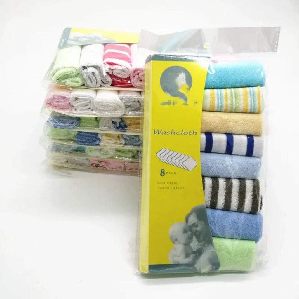 Premium baby cotton washcloth set with 8 soft and absorbent face towels in assorted colors and cute prints for newborn and infant daily care.