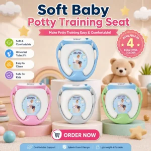 Soft Baby Potty Training Seat with ergonomic handles, cushioned soft seat, splash guard, and non-slip design for toddlers. Available in Blue, Pink, Grey, and Green.