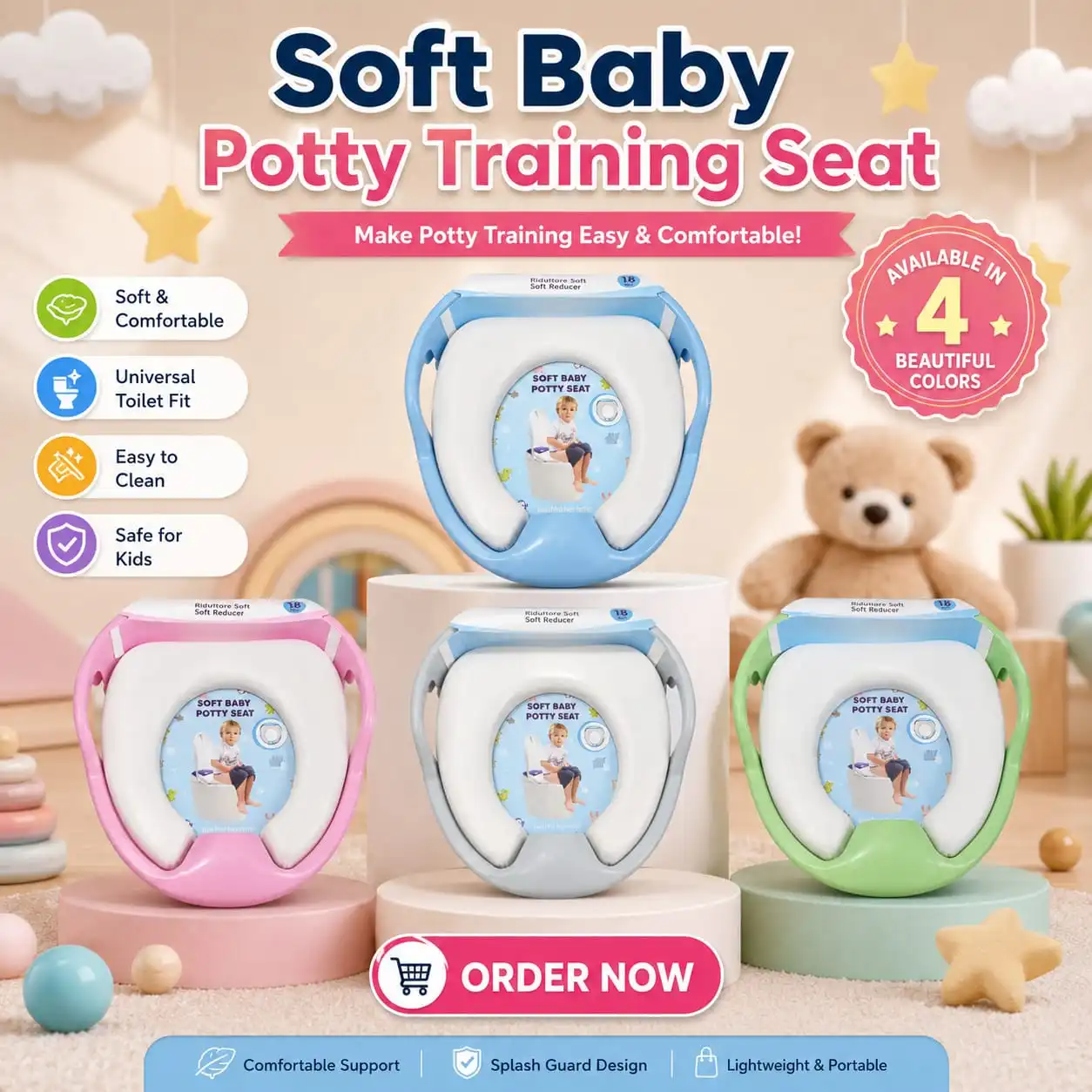 Soft Baby Potty Training Seat with ergonomic handles, cushioned soft seat, splash guard, and non-slip design for toddlers. Available in Blue, Pink, Grey, and Green.