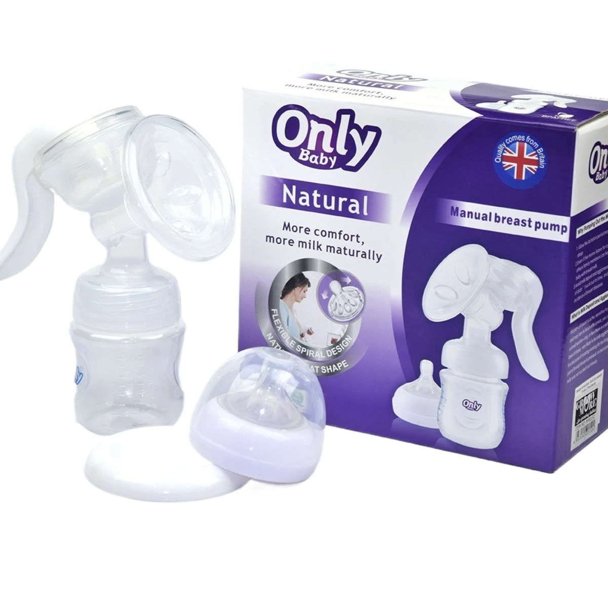 Only Baby Natural Manual Breast Pump with ergonomic handle, BPA-free bottle, soft silicone cushion, and natural suction for comfortable breast milk expression.